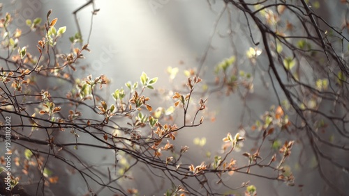 Fresh Spring Leaves Budding on Branches in Ethereal Light