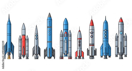 Collection of various rockets and spacecraft on white background.