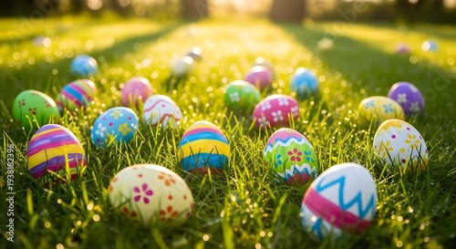 Colorful Easter eggs in grassy field on sunny day