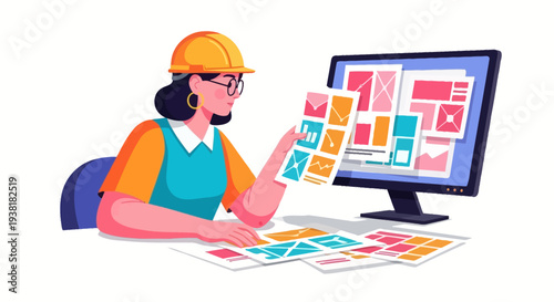 Architect reviewing technical blueprints on computer