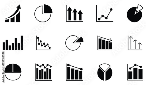 Collection of chart graph silhouette icon. Visualization of data statistic and analytics. Financial performance graph. Stock market revenue increase analytics vector set. Vector illustration. 