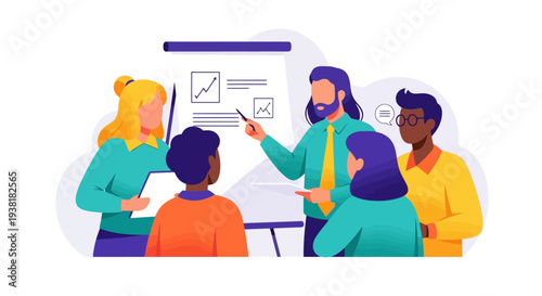 Business team attending a corporate presentation with whiteboard