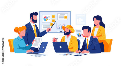 Business team conducting strategy session in modern boardroom