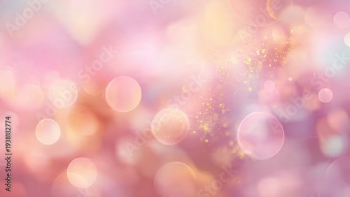 Abstract Dreamy Pink Bokeh Background with Bubbles and Gold Glitter