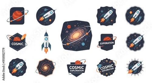 Collection of space themed icons and badges with rockets planets and galaxies.