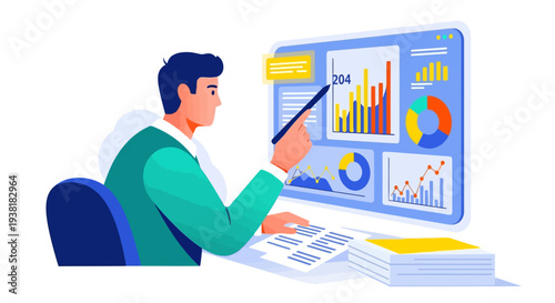 Data analyst demonstrating growth charts on computer screen