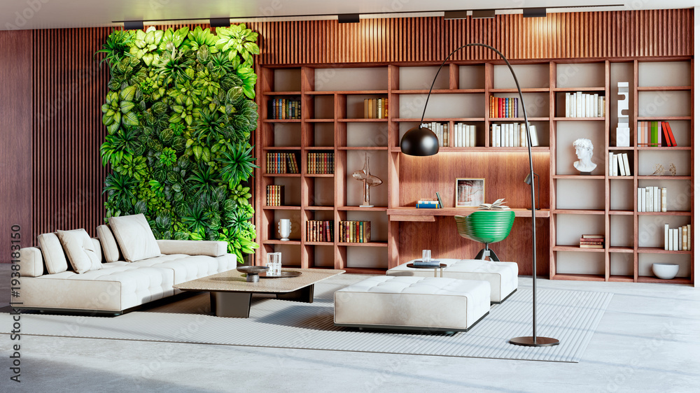 Naklejka premium Large luxury modern bright interiors Living room mockup illustration 3D rendering Generated Color Image