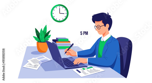 Employee working late at the office past five pm deadline