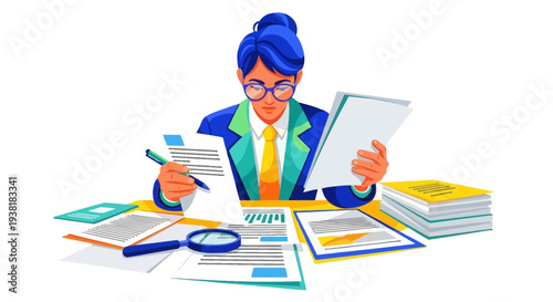 Financial examiner inspecting reports with magnifying glass