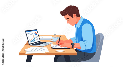 Male employee taking notes during online research