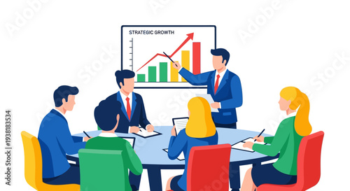 Management team analyzing strategic growth chart during meeting