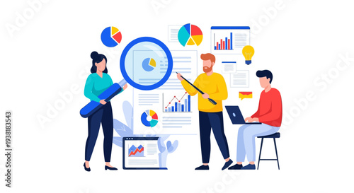 Market researchers analyzing data with magnifying glass