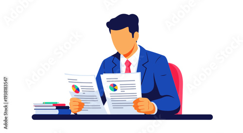 Manager reviewing paper reports with financial pie charts