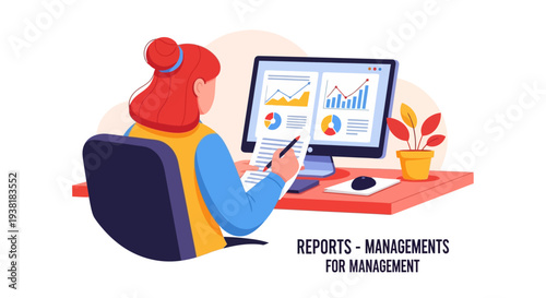 Managerial employee evaluating business reports on computer monitor