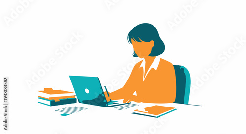 Minimalist figure of woman working diligently at desk