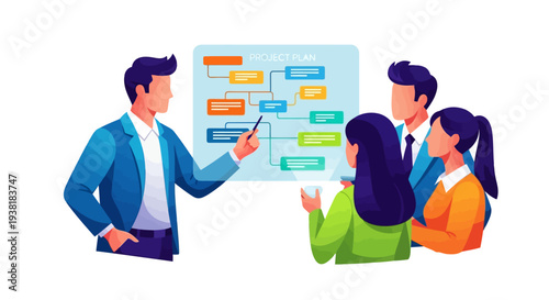 Project manager explaining workflow diagram to office colleagues