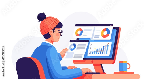 Tech expert monitoring multiple data windows on computer