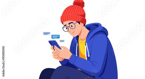 Teenager sending messages on mobile phone with chat bubbles