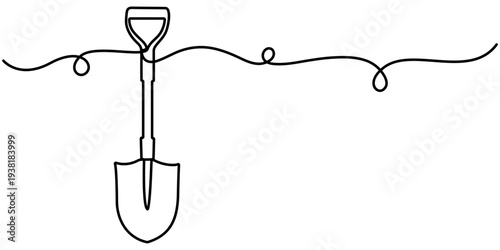 shovel continuous one line drawing,  One line drawing in a minimalist style,  One line drawing background, outline illustration. 