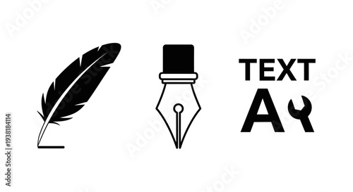 Collection of writing and text editing tool icons including a feather, a pen nib, and a text editor symbol on a white background.