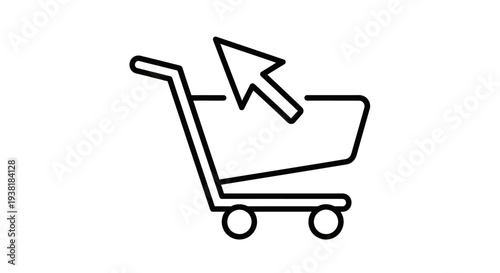 Outline icon depicting a shopping cart with a mouse cursor pointing towards it, symbolizing online shopping and e-commerce.