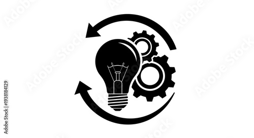 Black silhouette icon representing innovation, ideas, process, and continuous development with a lightbulb, gears, and circular arrows.