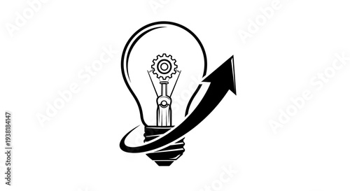 Black and white illustration of a light bulb with a gear inside, encircled by an upward-pointing arrow symbolizing innovation, progress, and mechanical ideas.