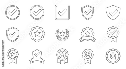 Quality Assurance and Certification Badges Icon Set, Isolated White Background.