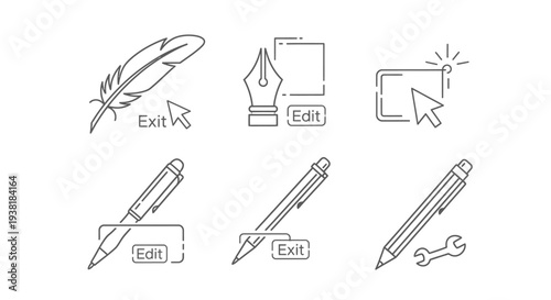 Comprehensive Set of Writing and Editing Tool Icons with Feather Quill, Ink Pen, Pencil, and Customization Options on Isolated White Background