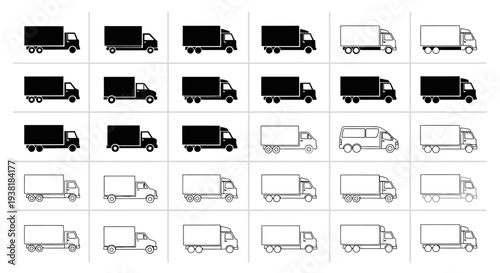 Set of Diverse Delivery Trucks and Cargo Vehicles Icons in Outline and Solid Styles on Isolated White Background