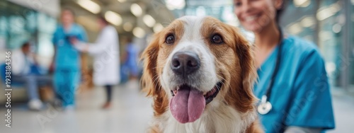 Happy dog sits in veterinary clinic with smiling veterinarian during a routine check-up