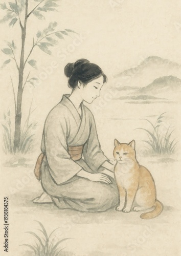 Serene woman with cat illustration.