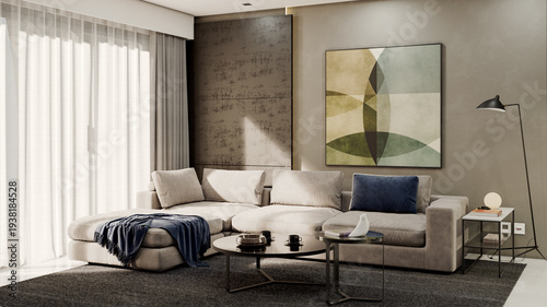 Large luxury modern bright interiors Living room mockup illustration 3D rendering Generated Color Image