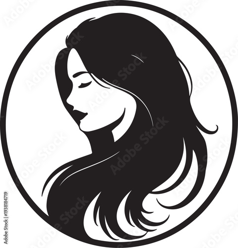 Beautiful woman with long hair vector silhouette illustration in a circle
