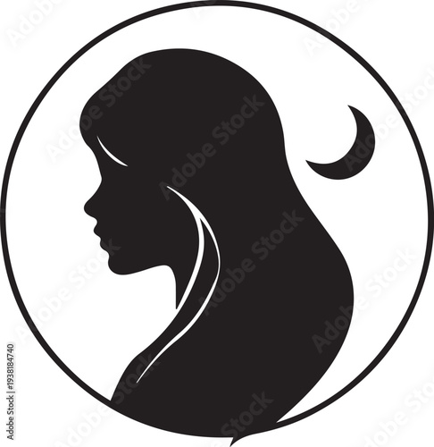 Silhouette of a woman with long hair and a moon in a circular frame vector  illustration

