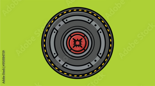 Abstract Circular Mechanical Object with Red Center.