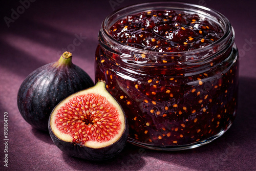 Artisanal Homemade Fig Jam in a Clear Glass Jar Featuring Rich Purple Texture and Visible Seeds, Accompanied by Fresh Whole and Halved Sliced Mission Figs. This Moody Gourmet Still Life Highlights