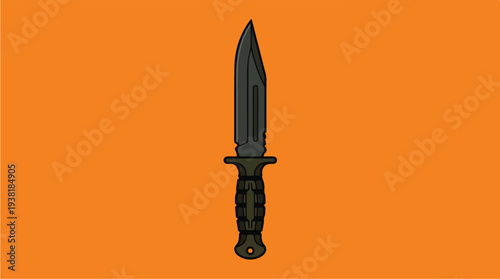 Black Combat Knife with Serrated Blade on Orange Background.