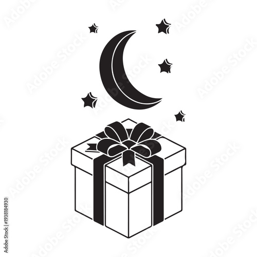 Minimalist gift box illustration with crescent moon and stars in black and white