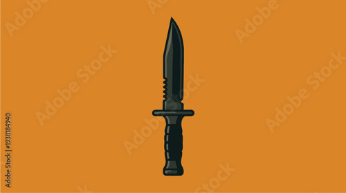 Black Combat Knife with Serrated Edge on Orange Background.