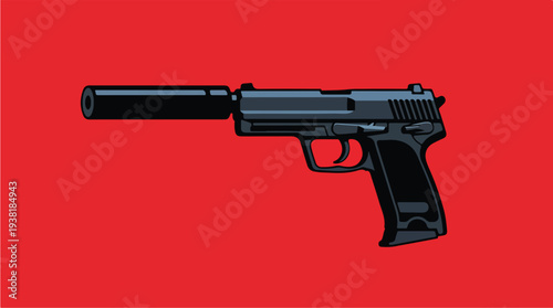 Black Handgun with Silencer on Red Background.