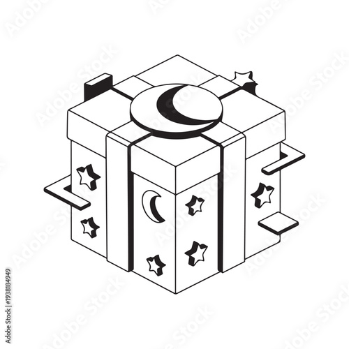 Minimalist gift box illustration with crescent moon and stars in black and white