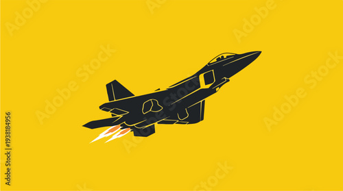 Black Fighter Jet Ascending with Fiery Exhaust Against Yellow Background.