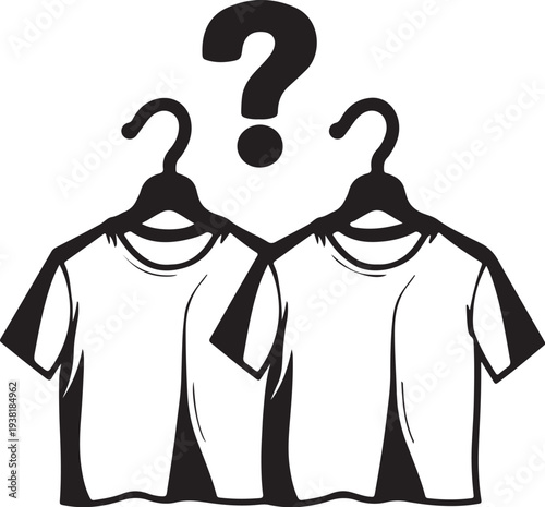 Two tshirts hanging on hangers with question mark vector silhouette illustration