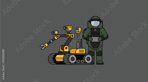 Bomb Disposal Robot and Technician Illustration.