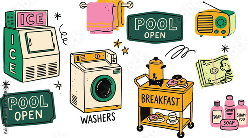 A charming collection of vintage motel amenities including an ice machine washing machine and breakfast cart evokes nostalgia