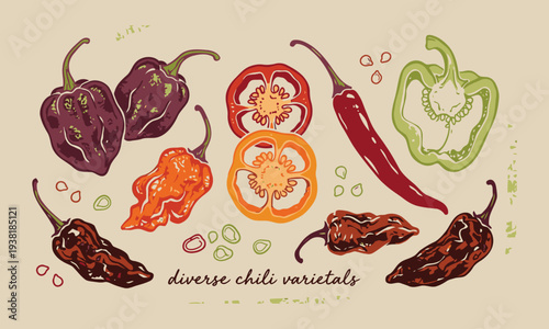 A vibrant collection of diverse chili pepper varieties showcasing different shapes and colors