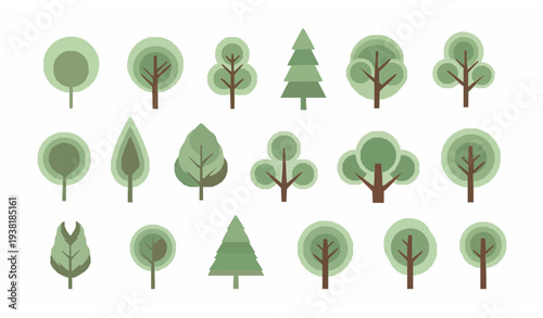 Modern abstract tree collection with stylized natural forest vector elements isolated on white