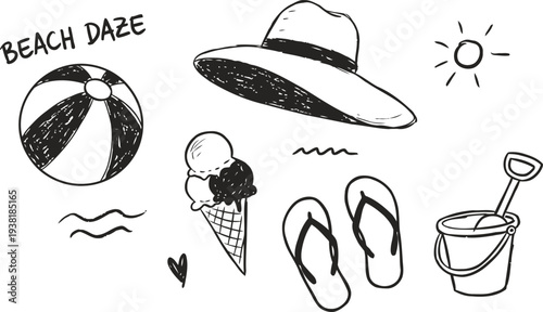 Hand drawn sketch style summer vacation doodles with beach accessories and warm weather fun
