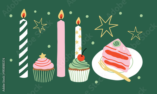 A charming collection of lit birthday candles festive cupcakes and a delicious cake slice set for a party